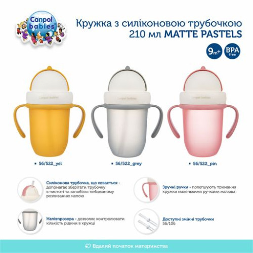 Кружка Canpol babies Matte Pastels з силіконовою трубочкою 210 мл (56/522_yel) — 10115