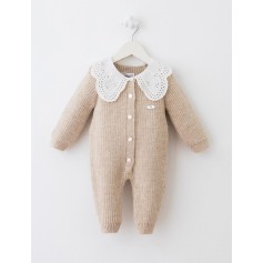 Дитячий теплий комбінезон Baby Mio з мереживним комірцем бежевий (7064)