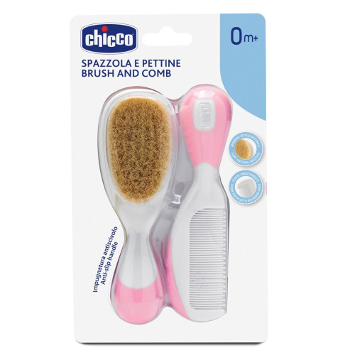 Щетка и расческа для волос Chicco, натуральная щетина, розовый (06569.10) — 22459