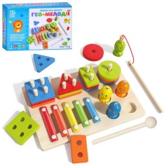 Деревянная многофункциональная развивающая доска Tree Toys геометрика, ксилофон (5 тонов, палочка), рыбалка (MD 0855)