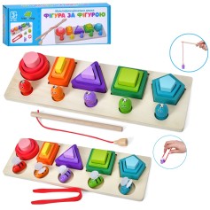 Деревянная развивающая игрушка Геометрика Tree Toys 15 фигур, 2 вида рыбалка, достань пчелку, 32,5-10,5-4,5 см (MD 1983)