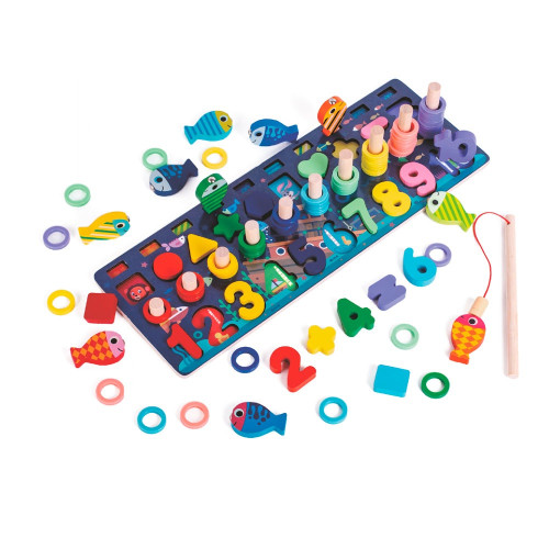 Дерев’яна розвиваюча дошка Tree Toys 4 в 1, фігури, рибки, кільця, числа (MD 2772) — 21576