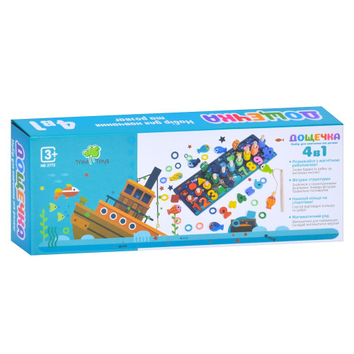 Дерев’яна розвиваюча дошка Tree Toys 4 в 1, фігури, рибки, кільця, числа (MD 2772) — 21576
